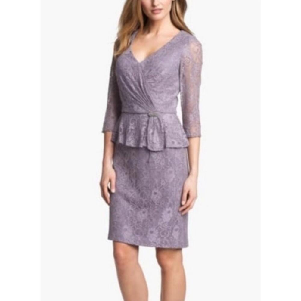 Patra Purple Lavender Lace 3/4‎ Sleeve V-Neck Peplum Knee Length Lined Dress 16